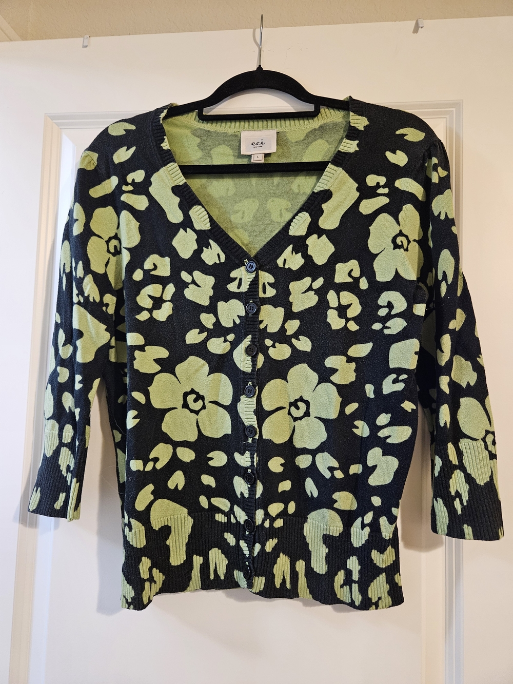 ECI Black Cardigan with Lime Floral Motif